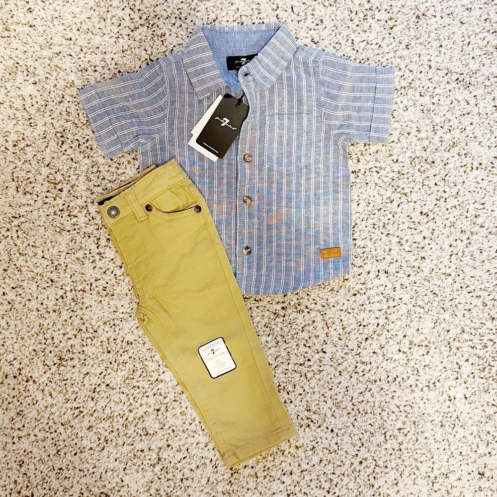 7 For All Mankind Baby Boy 12M Blue Shirt & Khaki Pants Set NWT